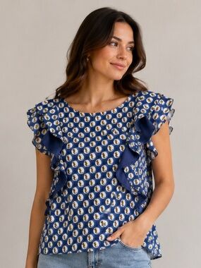 Wallflower Navy Blue Printed Ruffle Sleeve Top